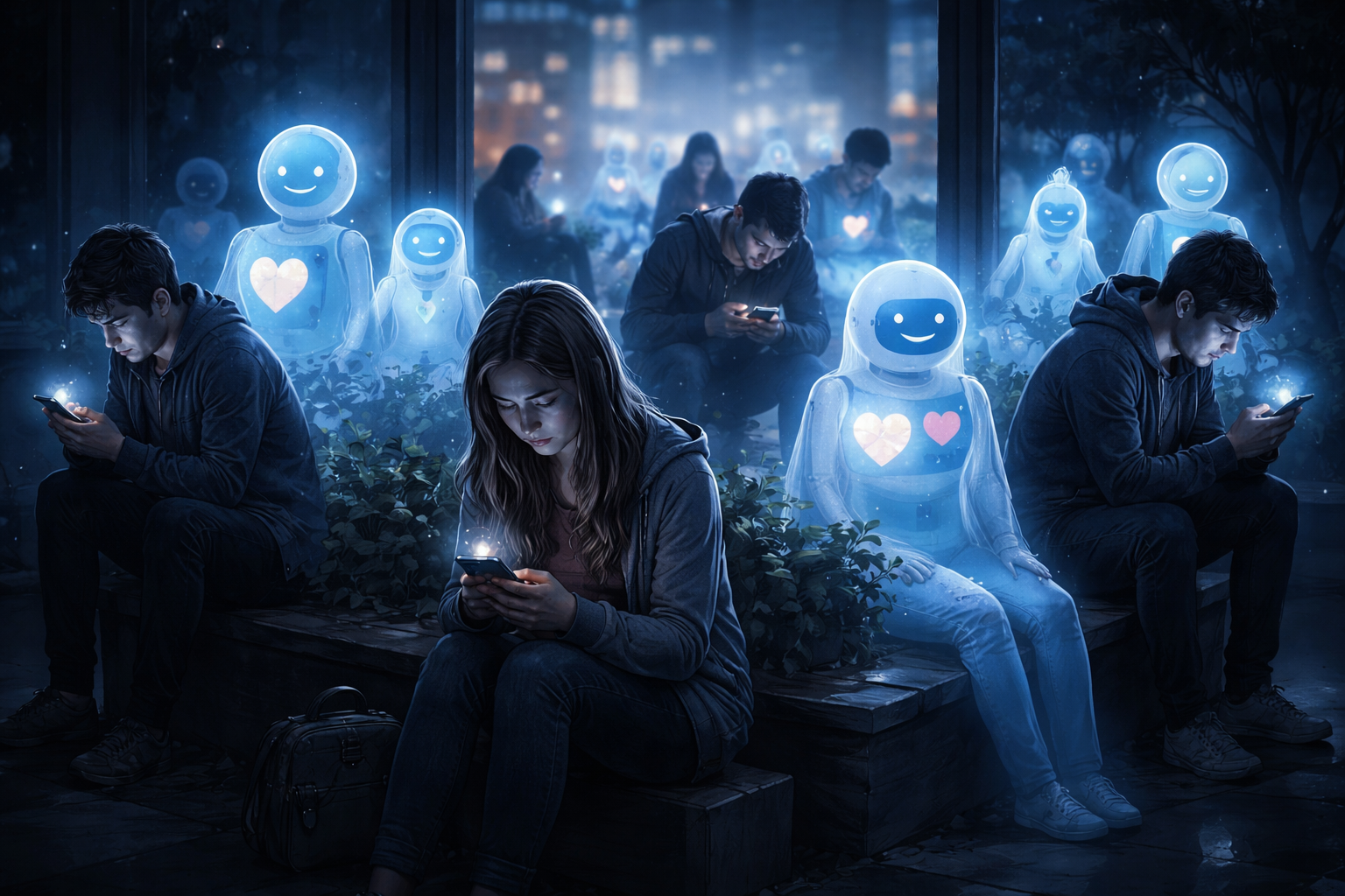 A picture depicting how humans are trading real connection for artificial comfort